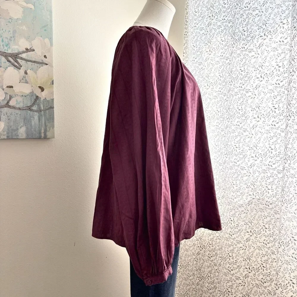 Old Navy Textured Blouse Dark Mauve Split Neck Long Sleeve Women's Large Boho